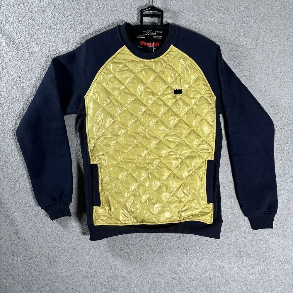 NWT Bass By Ron‎ Bass Quilted Sweater Sz S Navy Blue & Yellow Crew Neck Pullover